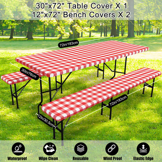 Smiry Picnic Table Cover with Bench Covers, Waterproof Elastic Fitted Tablecloths for 6 Foot Rectangle Tables, Washable Buffalo Plaid Tablecloth for Camping & Christmas(Red & White, 30"x72")