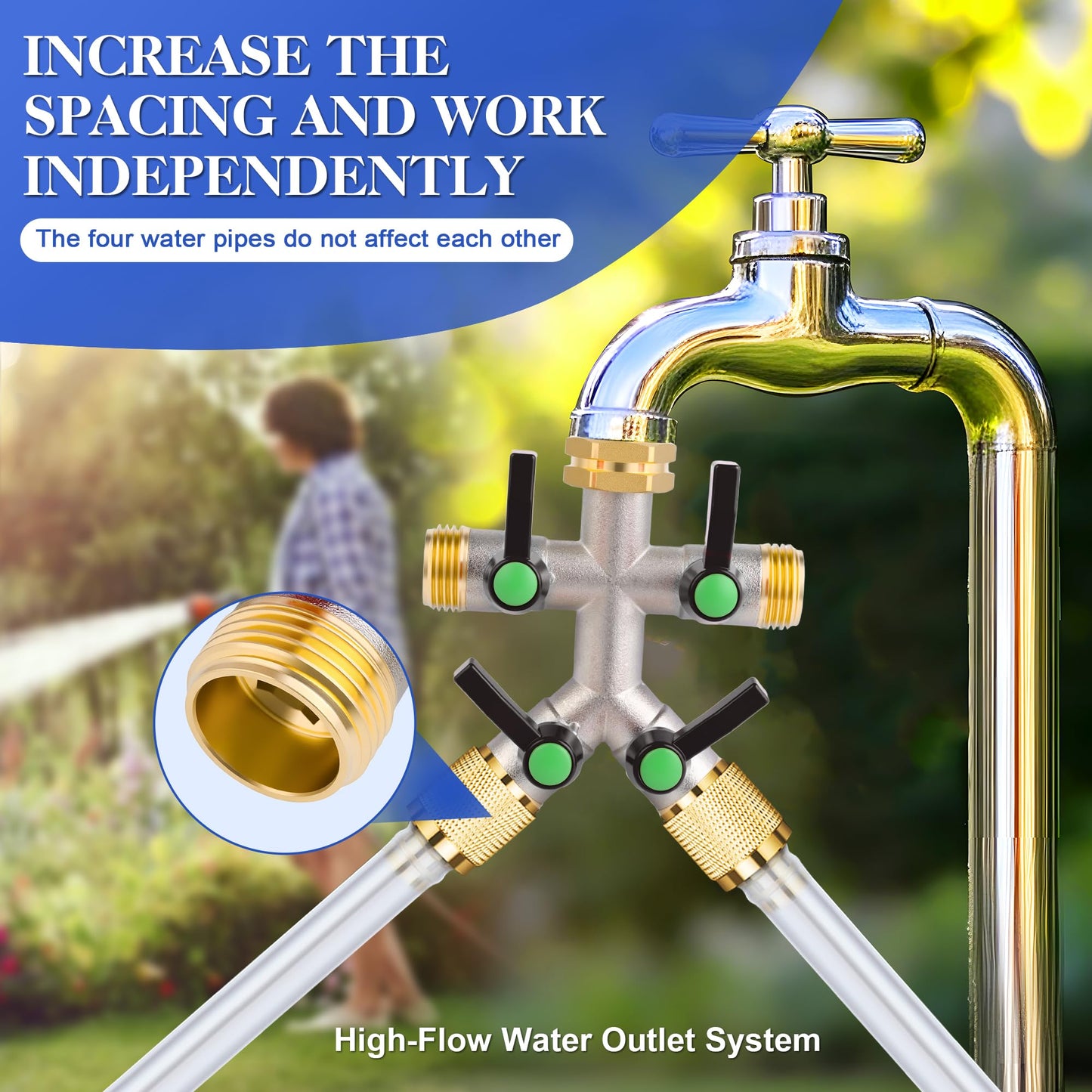 EJW Hose Splitter 4 Way, Garden Hose Splitters, 4 Way Faucet Splitter, Water Spigot Splitter, RV Brass Hose Splitter,Heavy Duty Garden Hose Splitter, Hose Valve 3/4 Inch GHT Thread.