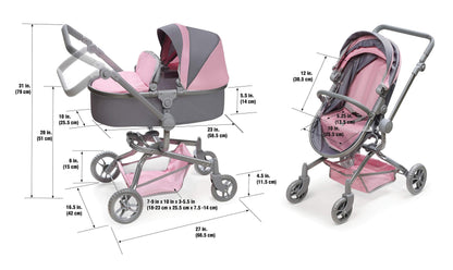 Badger Basket Foldable Doll Stroller & Pram for Dolls - Convertible Toy with Canopy, Basket & Soft Handle - Lightweight, Easy to Use for Girls Ages 3+- Gray/Pink