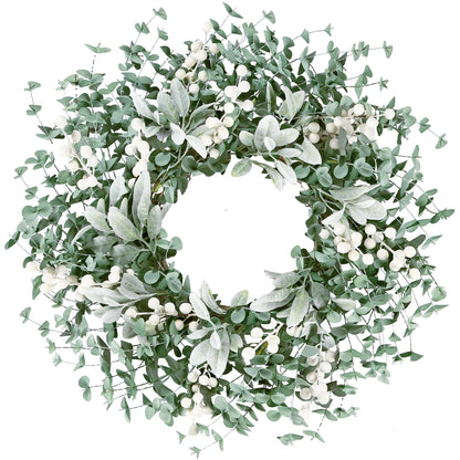 Sggvecsy Artificial Greenery Leaves Wreath for Front Door 22 Inch Greenery Boxwood Wreath with Flocked Lambs Ear White Berries for Spring Summer Farmhouse Wall Home Indoor Outdoor Decor