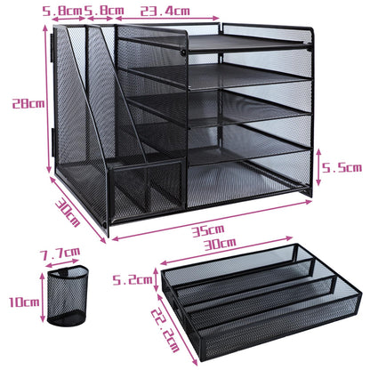 ideallife Desk Organizers and Accessories with File Holder, 5-Tier Paper Letter Tray Organiser with Drawer and 2 Pen Holder, Mesh Desktop Document Organizer for Office Supplies, Workspace - Black