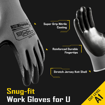 COOLJOB 10 Pairs Nitrile Dipped Safety Work Gloves with Grip, Non-slip Rubber Coated Bulk Garden Gloves for Men, Heavy-duty Oil Resistant for Truck Driver, Warehouse Box Handler, Medium, Gray