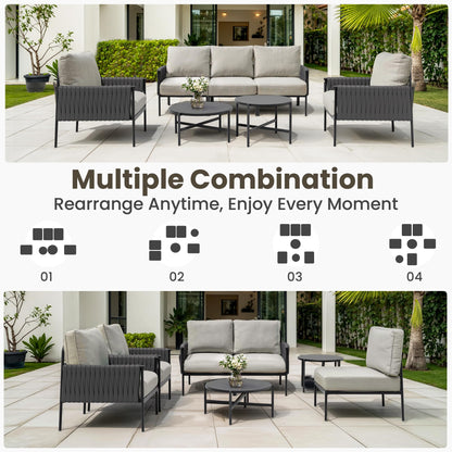 Pamapic 7-Piece Woven Rope Outdoor Furniture Set, Iron Frame Patio Conversation Set with Thick Cushions & 2 Coffee Tables, All-Weather Sectional Patio Furniture Set for Backyard, Porch, Grey