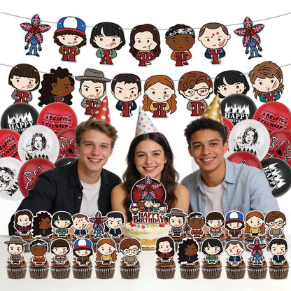 42 Pcs TV Series Theme Happy Birthday Decorations, Cute Cartoon Style Party Decorations, Includes Banners, Balloons, Cake Toppers, and Dessert Toppers