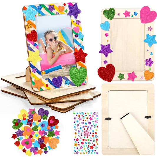 Aneco 6 Packs Picture Frame Painting Craft Kit for 4 x 6 Inch Photo DIY Unfinished Wooden Photo Frames with Diamond and Foam Stickers for DIY Crafts, Paint and Decorate