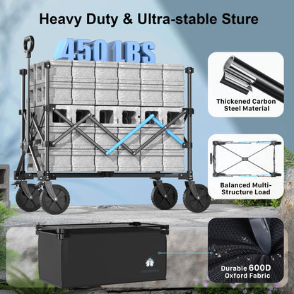 HOMBETTA 39" Collapsible Wagon Cart, 450 lbs Heavy Duty Folding Wagon with Brakes, Adjustable 150L-300L Utility Wagon with All-Terrain Wheels for Camping, Garden, Beach and Shopping