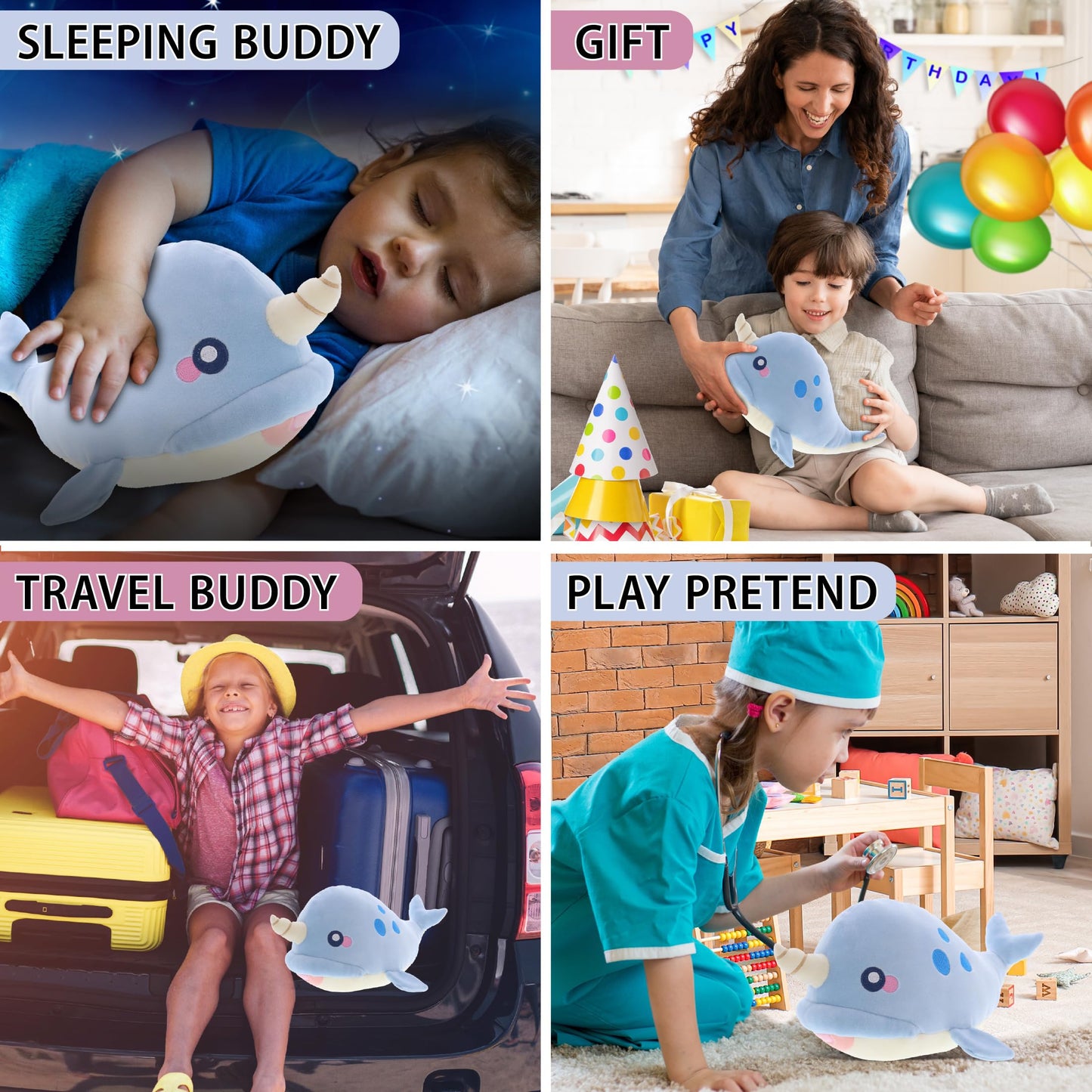 DolliBu Blue Narwhal Baby Soft Plush Toy, Newborn Babies First Stuffed Animal Cuddle & Snuggle Toys, Toddler's Huggable Best Buddy, Fluffy Teddy Bear - 11.75 Inch