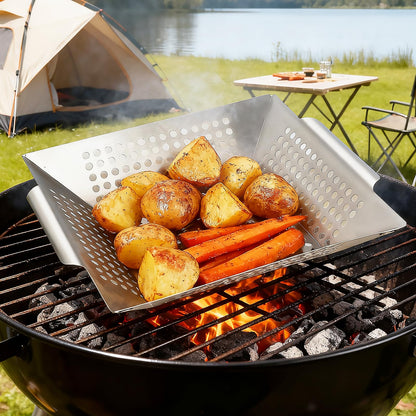 Anveena Grill Baskets 1 Pack Stainless Steel Grilling Basket for Indoor and Outdoor Use, Heavy Duty Vegetables Grill Basket for Veggies and Kabob, Suitable for All Grills, Dishwasher Safe