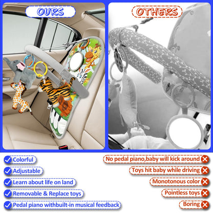 TOYMNI Car Seat Toys for 6-12 Months - Musical Pedal Piano with Baby Mirror, Squeaky Sensory Soft Animal Toys for Rear Facing Carseats