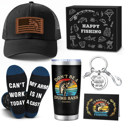 Gifts for Fishermen Fishing Lovers Gifts for Men Cool Fisherman Stuff for Mens Unique Fishing Accessories for Men with Keychain Mug Hat Socks