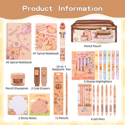 Ulema 33Pcs Cute Capybara Stationery Set,Capybara Birthday Gifts for Boys Girls School Supplies,Capybara Set with Compartments Gel Pens, Pencils, Erasers, Pencil Sharpener etc, Classroom Rewards.