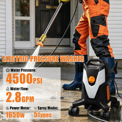 Electric Pressure Washer 4500PSI 2.8 GPM High Pressure Washer with Anti-Tipping Technology, 4 Quick Connect Nozzles, Stainless Steel Spray Wand, Electric Power Washer for Cars/Fences/Driveways/Home