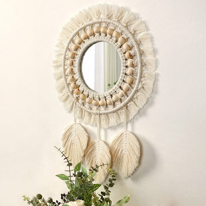 Dremisland Hanging Wall Mirror-Boho Macrame Fringe Round Decorative Mirror with Wood Beads Feather Pendant，Art Ornament for Apartment Home Bedroom Living Room