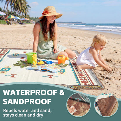 2 in 1 Extra Large Boho Beach Blanket Towel Giant Woven Outdoor Picnic Mat Camping Gear Cruise Essential 2025 Summer Vacation Must Have Airplane Travel Accessories Costa Rica Bahamas Hawaii Trip Stuff