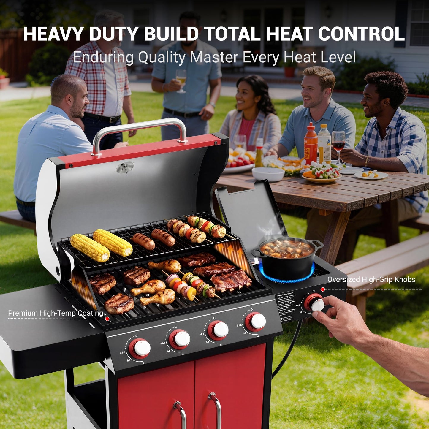 HUGROVE 4 Burner Propane Gas Grill with Side Burner, 601 Sq. In. Cooking Area with Warming Rack 51,000 BTU BBQ Grill with Porcelain-Enameled Cast Iron Grates for Outdoor Cooking