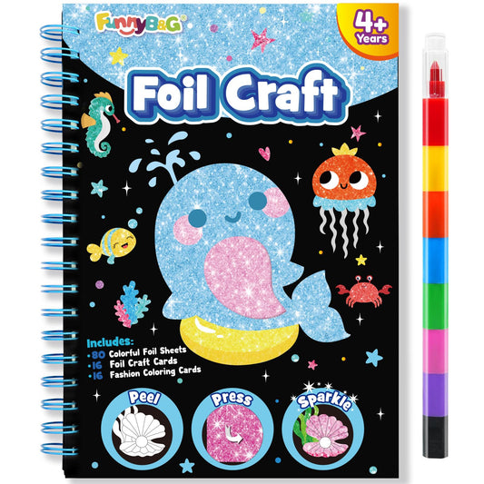 FUNNYB&G Foil Art Craft Kit for Girls 4-10 Years Old: Mess-Free & No-Glue, Create 16 Sparkly Ocean Pictures – Perfect Travel Toy & Birthday Gift for Kids (Ocean)
