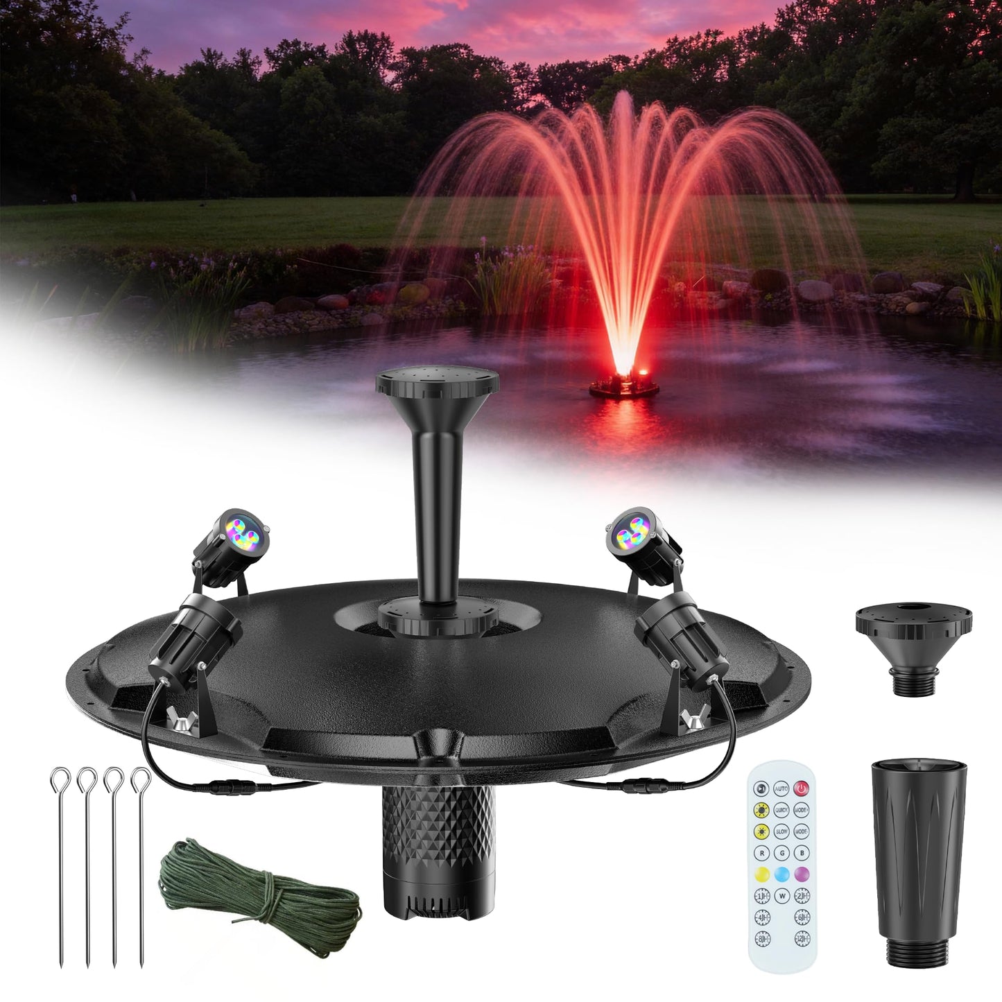 POPOSOAP Floating Fountain with LED Lights, Pond Fountain and Aerator Complete Kit with 1200GPH Water Pump 30FT Power Cord, 3 Spray Styles for Ponds, Pool, Lakes & Water Gardens P145
