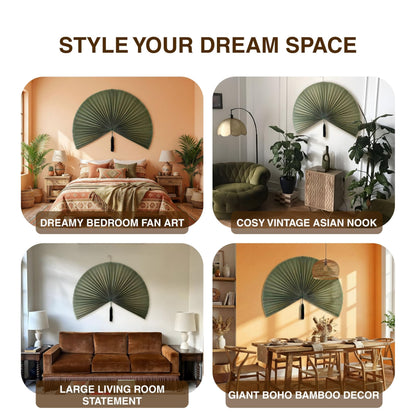 SUCHUBU Bamboo Fan Wall Decor Japanese Hanging Art Headboard, Boho Folding Asian Style, Natural Ivory Home Aesthetic - Lightweight Easy to Hang over Bed Decor (Green, Large)
