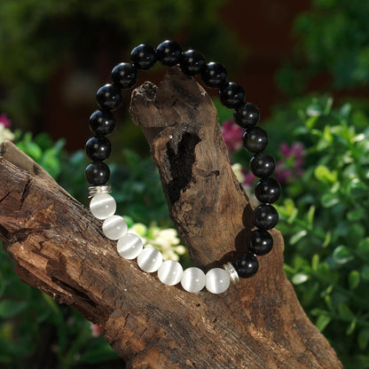 Black Obsidian & White Selenite Agate Bracelet – Chakra Healing Energy Balancing Crystal Bracelet for Protection & Mindfulness Gift