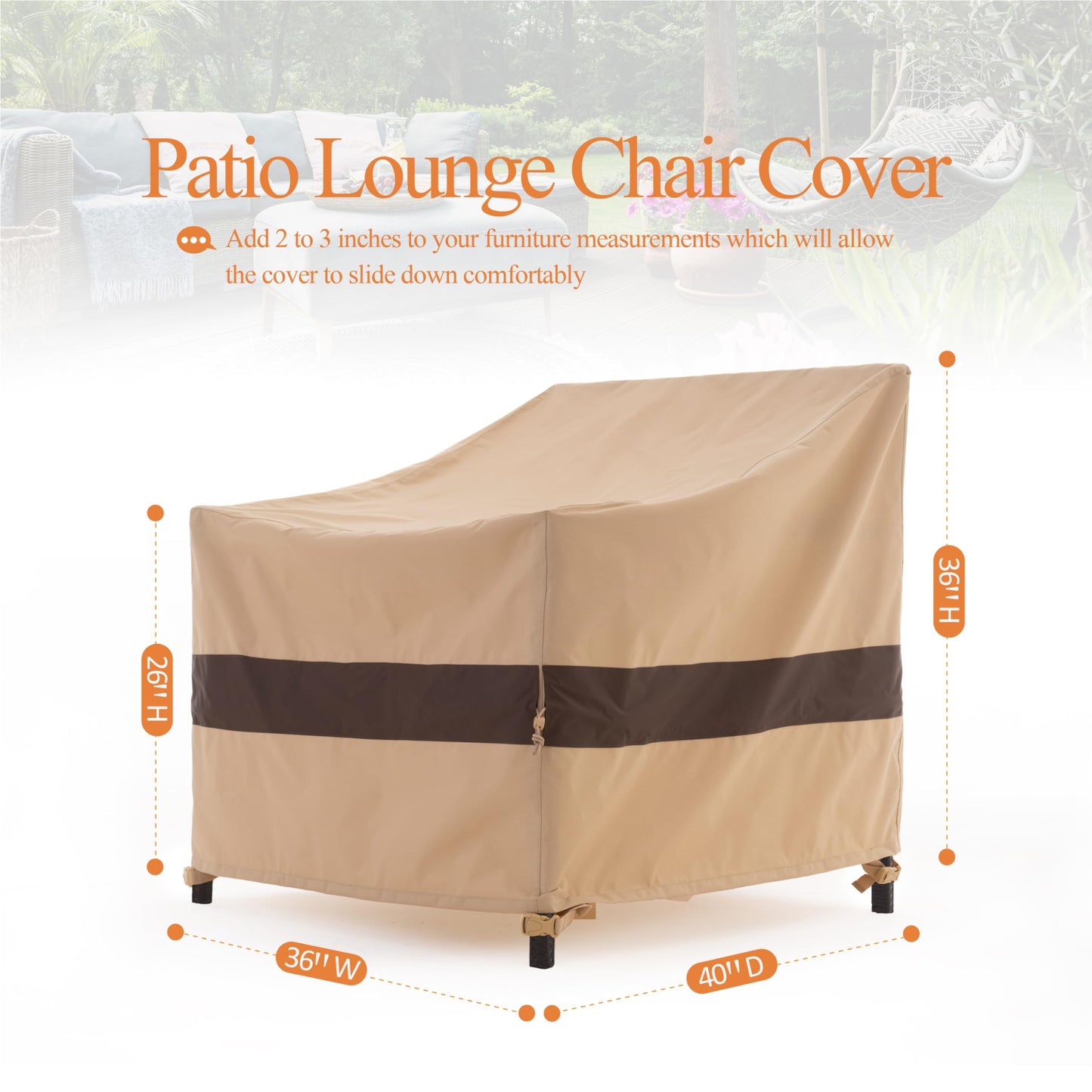 WJ-X3 Patio Chair Cover, Outdoor Lounge Cover, Heavy Duty, Waterproof Lawn Chair Covers, 36W x 40D x 36H, Beige/Coffee, 2-Pack