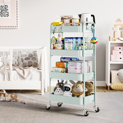 TOOLF 4-Tier Rolling Cart - Metal Storage Organizer with Lockable Wheels, 44 lbs Per Shelf Capacity, Tool-Free Assembly, for Kitchen Bathroom Office Laundry Room Nursery, Green