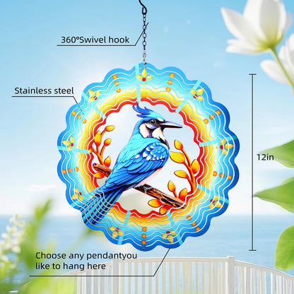 Metal Wind Spinners Hanging,12 Inch 3D Stainless Steel Blue Bird Wind Spinner Gifts for Women Mom Grandma Blue Jay Garden Decor Wind Sculpture Decoration for Yard Art, Outdoor, Porch, Backyard, Patio