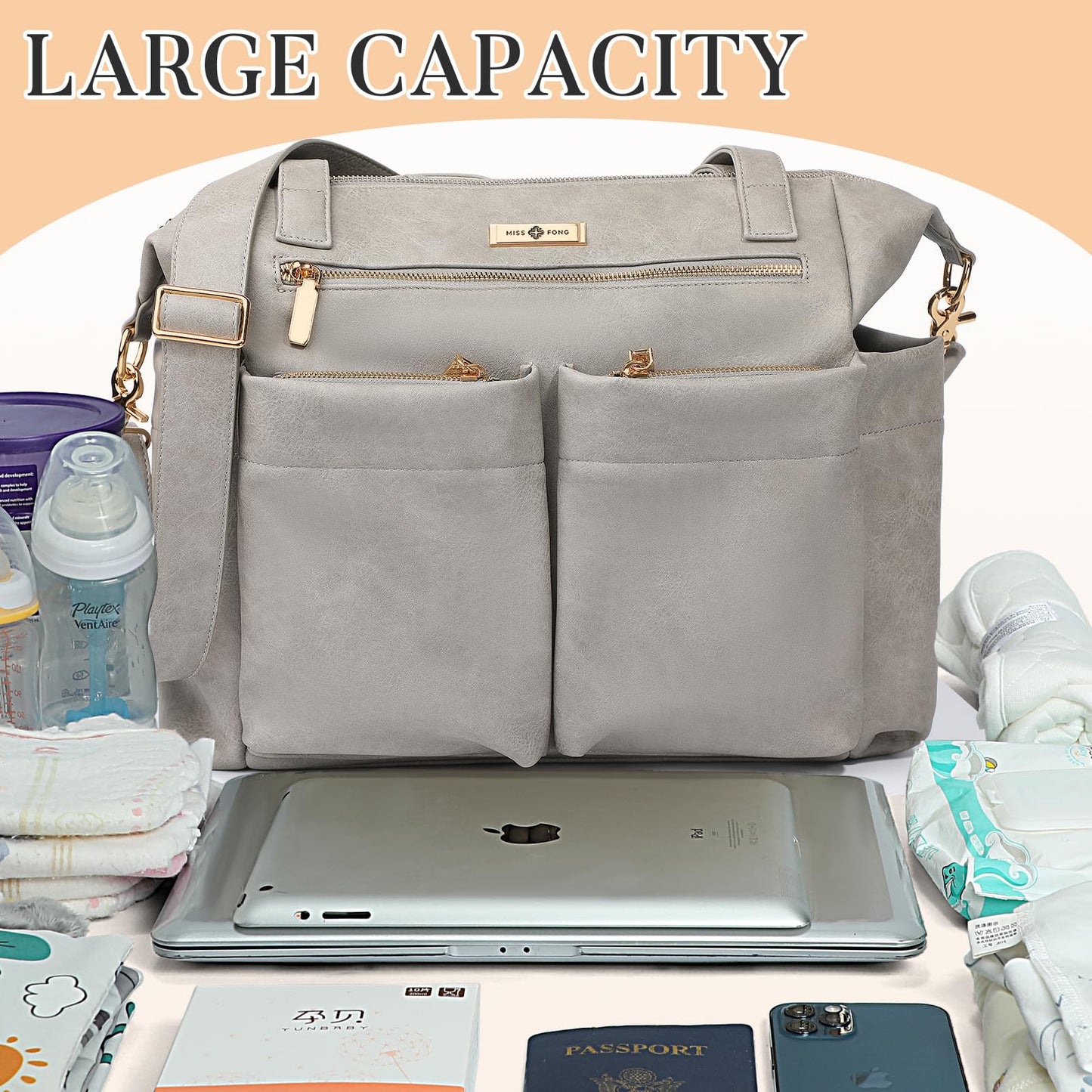 miss fong Diaper Bag Tote Baby Bag Leather Diaper Backpack Large Diaper Tote Bag for girls & boys Diaper Bag Purse with 11 Pockets,Changing Pad, Stroller Straps,4 Insulated Pockets