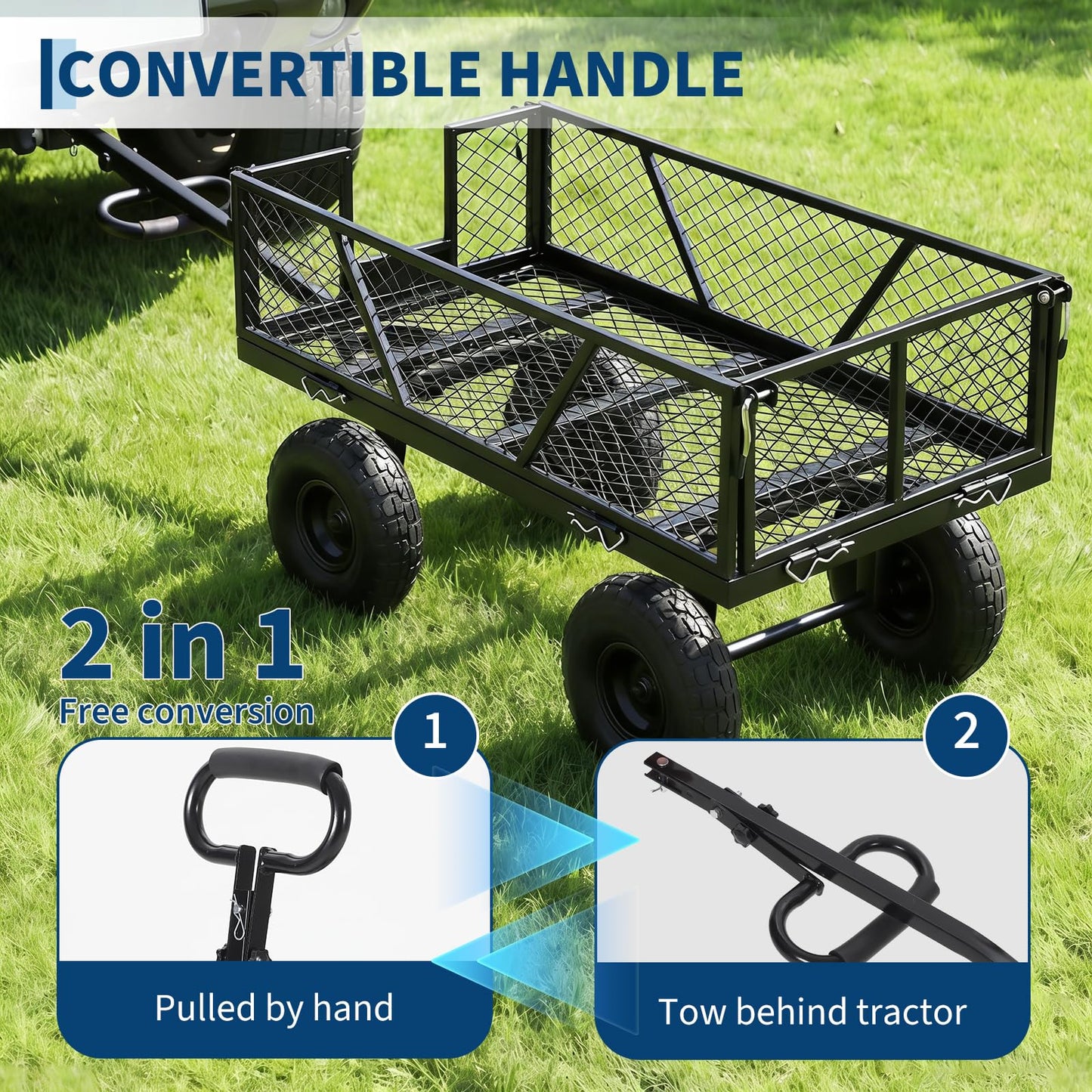  Heavy Duty Steel Garden Cart, 950 LBS Load Capacity Garden Wagon with 10 inch Tire and 180° Rotating Handle Attach to ATV or Tractor Blac
