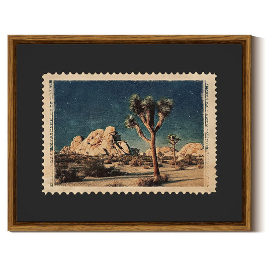 InSimSea Framed Vintage Canvas Wall Art, Western Cactus in the Wilderness Southwestern Night Desert Wall Decor Mid Century Nature Striped Landscape Painting for Living Room Bedroom 10" L x 8" W