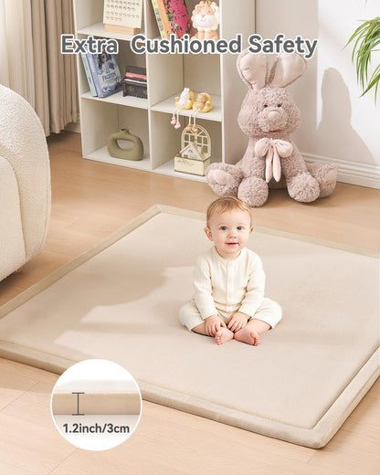 Ingdgnoso Baby Play Mat for Floor, 1.2" Thick Memory Foam 50"×50" Playpen Mat for Kids, Infants, Toddlers - Soft, Durable Baby Crawling Mat for Tummy Time, Sitting with Non-Slip Bottom (Beige)