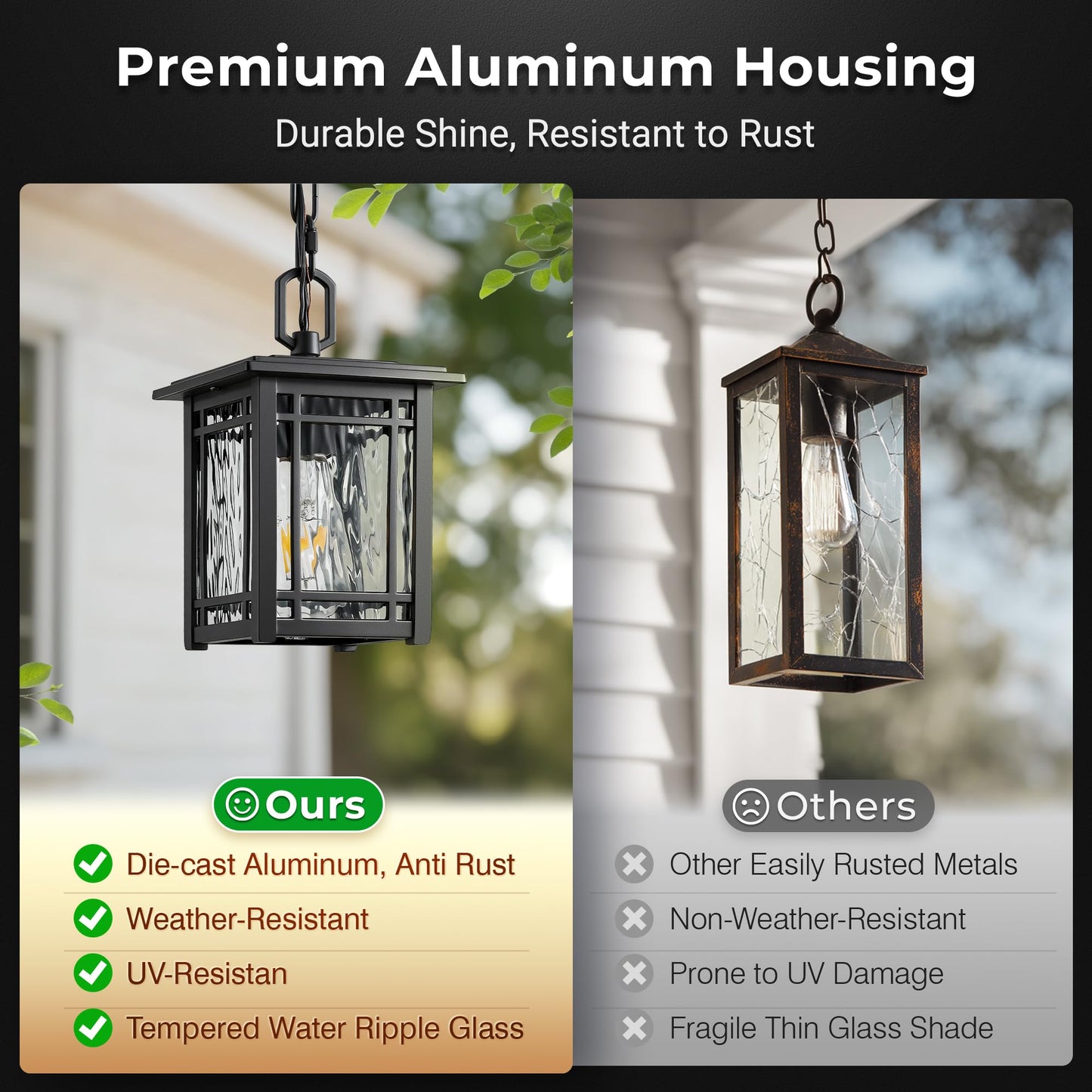 OPAXIS Dusk to Dawn Outdoor Pendant Light Fixtures, Modern Black Outdoor Hanging Lights with Photocell Sensor, Waterproof Exterior Chandelier for Porch, Outside Pendant Lantern with Adjustable Chain