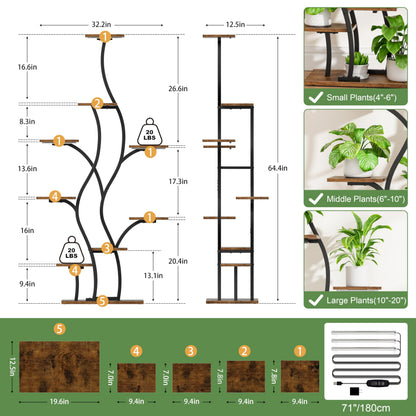 Plant Stand Indoor with Grow Lights - Lighted Plant Shelf Indoor, 64.5" Tall Corner Plant Stands for Indoor Plants, 9 Tiered Tree-Shaped Flower Shelf Metal Holder for Living Room, Bedroom, Black