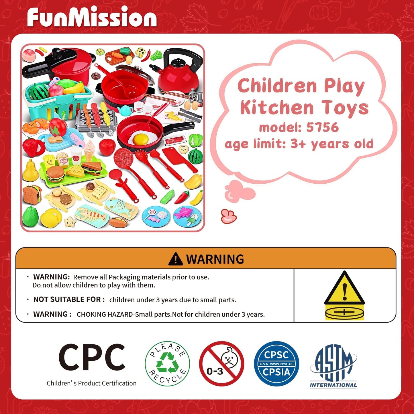 FunMission 134 Pcs Toy Kitchen Accessories, Toddler Pretend Cooking Toys with BBQ Grill, Pressure Cooker, Kettle, Pots, Pans, Kitchen Playset for Cutting Play Food, Learning Gift for Girls Boys