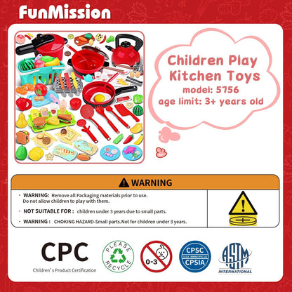 FunMission 134 Pcs Toy Kitchen Accessories, Toddler Pretend Cooking Toys with BBQ Grill, Pressure Cooker, Kettle, Pots, Pans, Kitchen Playset for Cutting Play Food, Learning Gift for Girls Boys