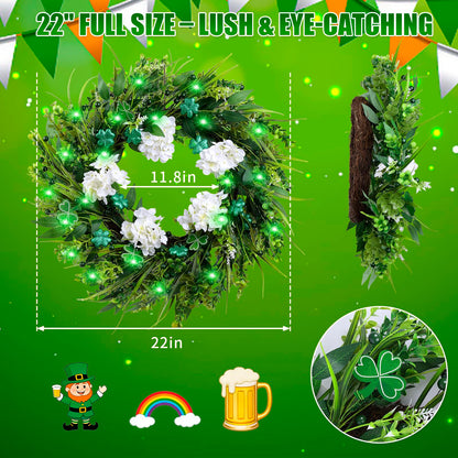 22" st Patricks Day Wreaths for Front Door, Green Shamrock & White Hydrangea Artificial Wreaths with LED Lights, Spring Holiday Wreath for Wall Window Porch Home Decor