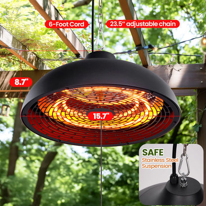 Hanging Outdoor Electric Heater, Infrared Patio Heaters for Outdoor Indoor Use, Ceiling Garage Heater with 3 Adjustable Modes 600W/900W/1500W. BLACK