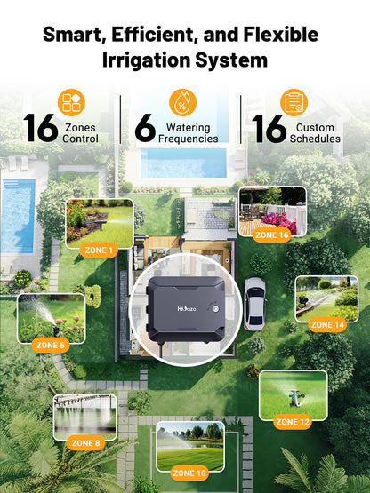 Outdoor Smart Sprinkler Controller with Protector, WiFi Irrigation Controller Easy Use App Enabled, 16 Zones + 16 Plans, Save Water Auto Skip Rain, Freeze & Wind, 10 Minutes Install
