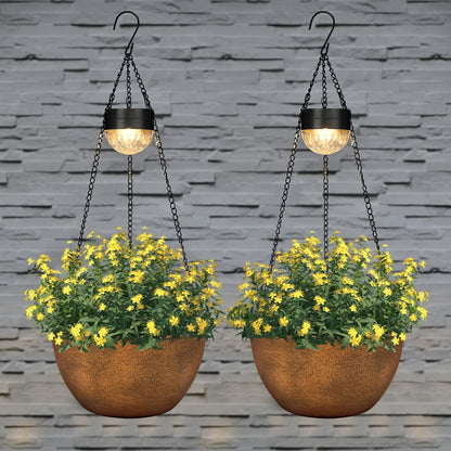 BAYN 2 Packs Solar Hanging Basket Planters for Plants Outdoor, Self Watering Bronze Flower Plants Pots with Solar Light Drainer for Balcony Patio Garden Outdoor Decoration