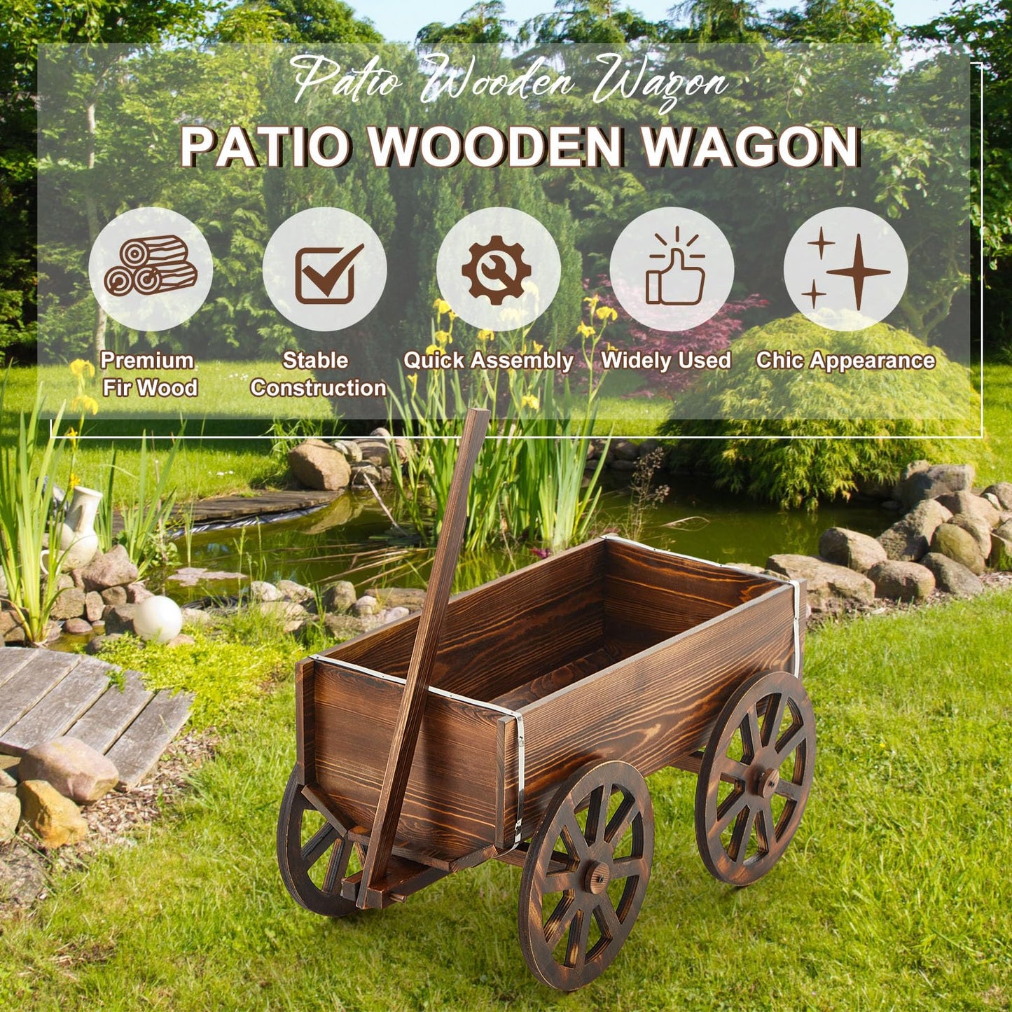 Beeveer Wooden Wagon Flower Planter Cart Garden Planter Box with Wagon Wheels Cart for Home Garden Outdoor Balcony Decorative, Patio Flowers Herbs Vegetables, Brown 23.23 x 11.41(Classic)