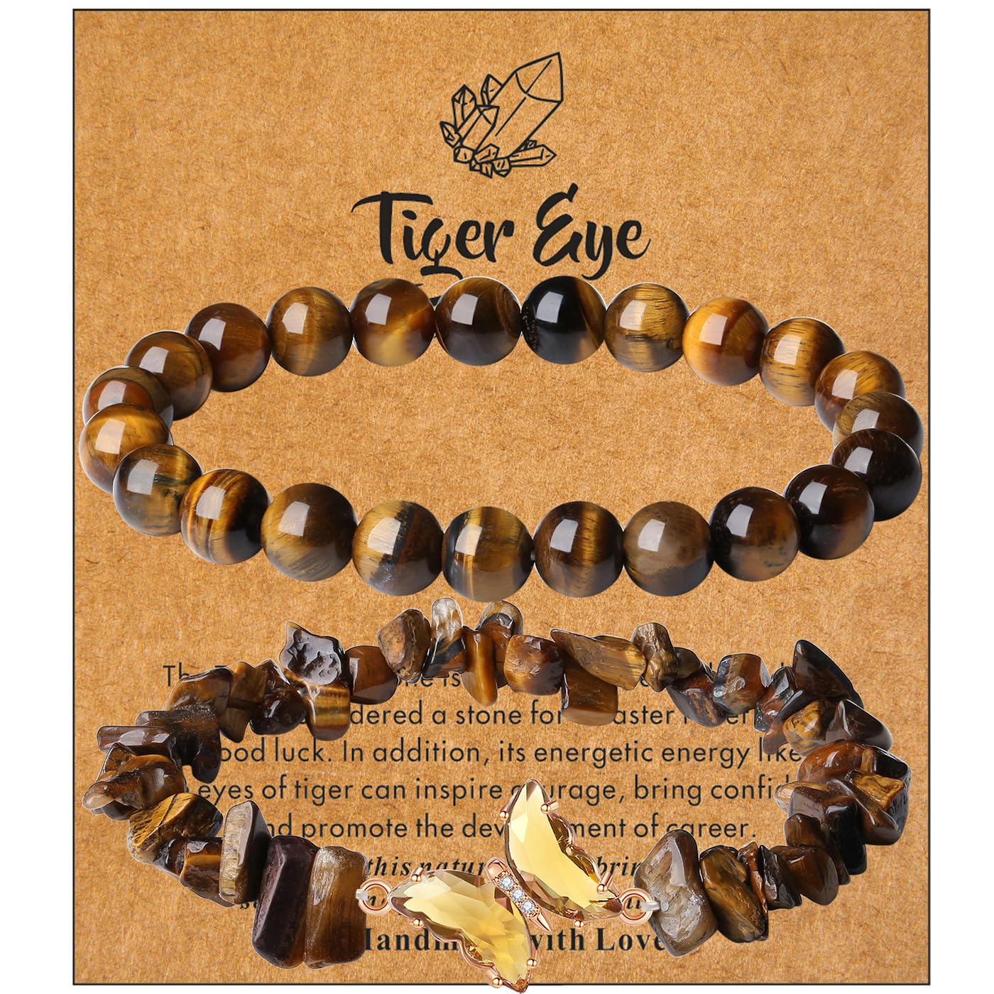 DUQGUHO 2Pcs Butterfly Bracelets for Women, Tigers Eye Bracelets, Healing Crystal Bracelet, Natural Tiger Eye Crystal Jewelry, 8mm Brown Beaded Bracelet, Gifts for Women