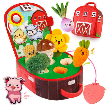 Teekdeer Baby Toys 6-12 Months, Farm Vegetable Garden Plush Toy with Animal Finger Puppets, 6 Month Old Montessori Sensory Toys with Rattles, Mirror, Squeaker, Textures, Teether, Easter Boy Girl Gifts
