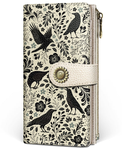 GIANCOMICS Crow Womens Wallet RFID Blocking, Flower Credit Card Holder Bifold, PU Leather Travel Billfold, Long Cute Cash Purse, Zipper Coin Pocket Clutch, ID Window, 11 Card Slot, Ladies Gift Woman