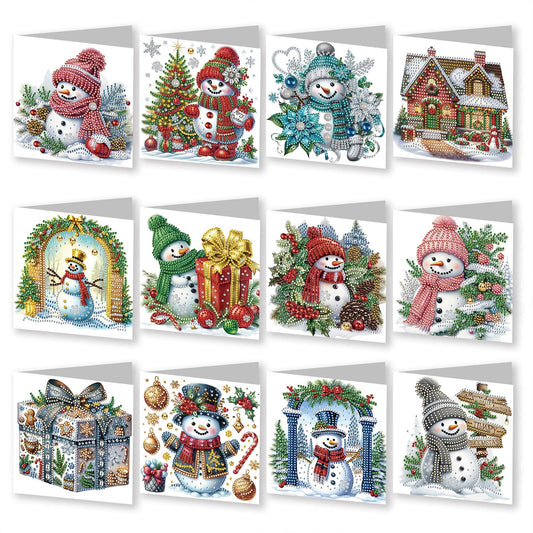 YOKUSHI 12 PCS Diamond Art Painting Christmas Greeting Cards with Envelopes, Snowman Craft DIY Card Making Kits for Adults Gifts (White)