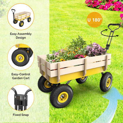VINGLI Steel Garden Wagon Cart on Wheels, 330lb Load Capacity, Removable Heavy Duty Wooden Side Panels, with Extendable Handle and 10inch All-Terrain Tires, Wheelbarrow for Yard Landscaping (Yellow)