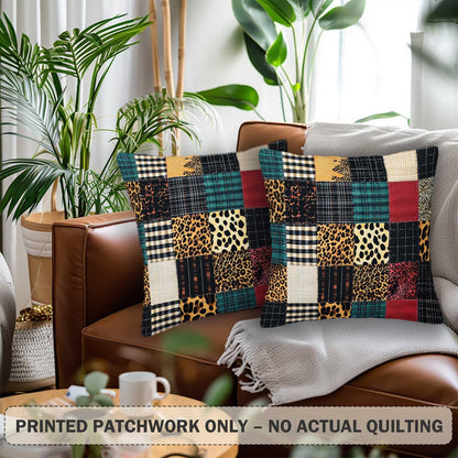 ZibZorp Patchwork Plaid Leopard Pillow Covers 18x18 Set of 2 | Rustic Decorative Cushion Cases | Mixed Pattern Pillowcases | Eclectic Throw Covers for Sofa Living Room Bedroom Decor