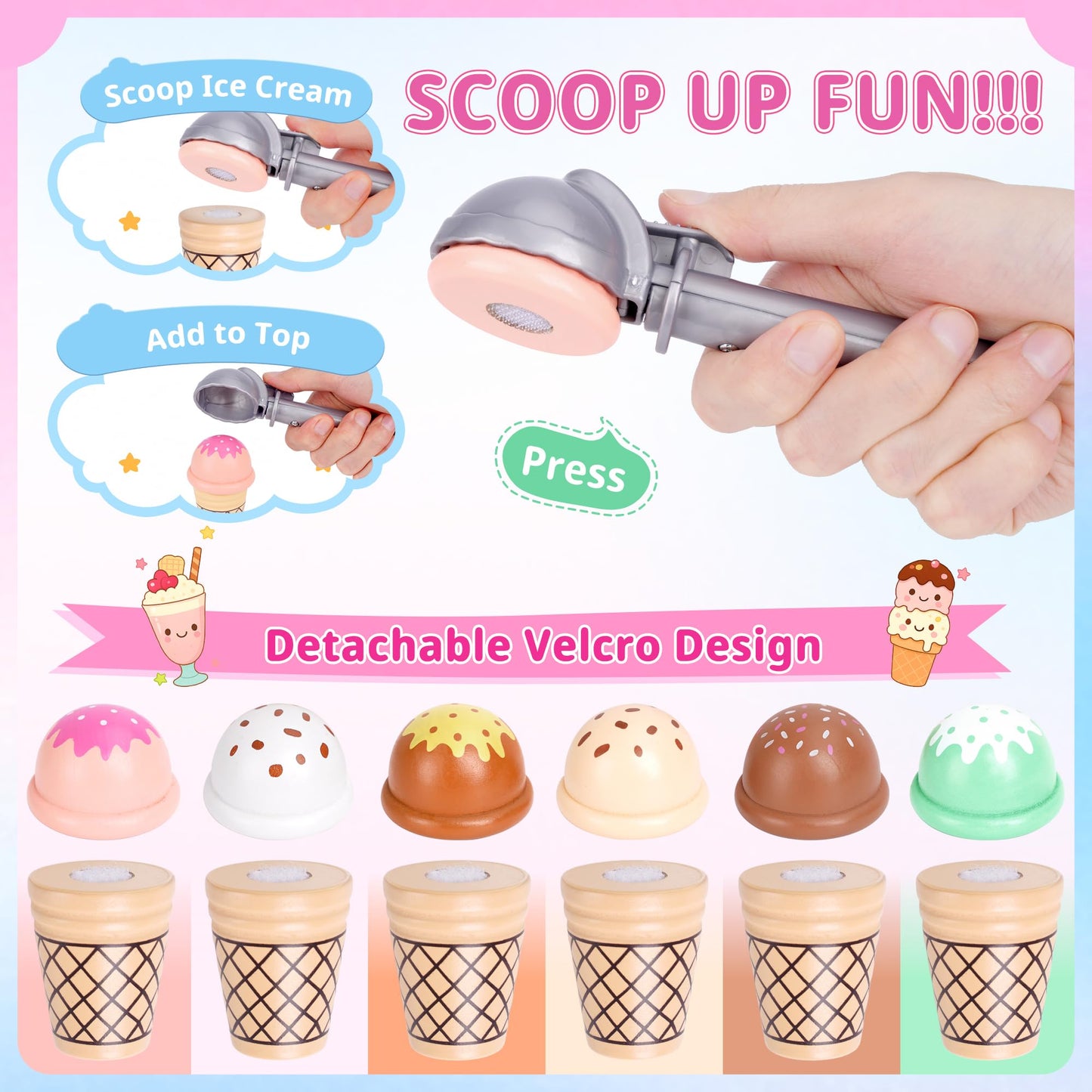 Ice Cream Toy, Wooden Ice Cream Play Set with Aprons, Fake Money, Scoop, Menu, Ice Cream Toys Pretend Play Toys for Girls Boys, Wooden Play Food Set Toy Kitchen Gifts for 3 4 5 6 Year Old Toddlers