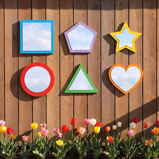 Xuhal 6 Pcs Acrylic Sensory Mirrors Set Colorful Geometric Mirror Square Triangle Circle Star Heart Pentagon Shapes Learning Tool Outdoor Sign for Sensory Rooms Garden Wall Decorations