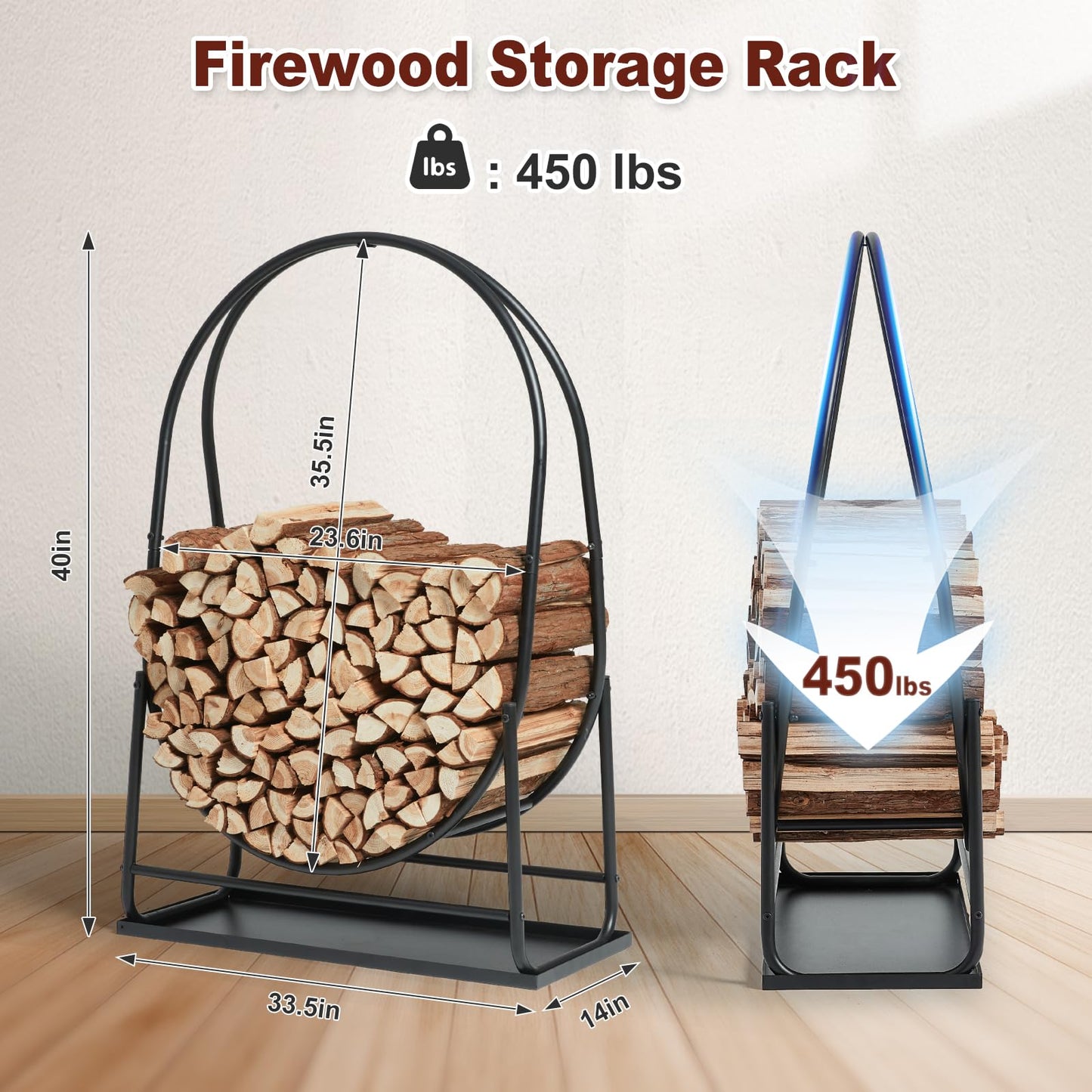 35 Inches Firewood Log Rack Hoop with Cover & Tray, Heavy Duty Solid Steel Fire Wood Storage Rack and Cover Set with Zipper for Outdoor/Indoor, Round Log Holder with 33in Tray, Waterproof Cover
