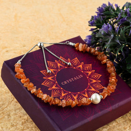 CRYSTALIS Natural Sunstone Beads Slider Bolo Bracelet with Elegant Pearl, Uncut Chips Nuggets Crystals, Chakra Healing Gemstone, Women Jewelry, 925 Sterling Silver Slider 10 inch