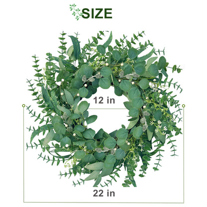 MAINGKAUNG Spring Wreath 22 Inch Spring Summer Wreaths with Eucalyptus Leaves and Berries Seasons Green Eucalyptus Wreath for Farmhouse Porch Front Door Wall Decor and Year Round Use